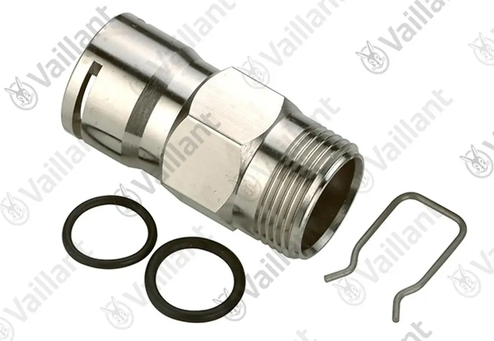 Edelstahl-Ventil von Vaillant mit zwei O-Ringen und einer Sicherungsplatte, geeignet für Heizungsanwendungen. Detailierte Bauform zur Verbindung in Rohrsystemen.